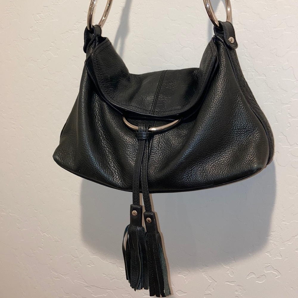 Alfani Black Leather magnetic close and flap over shoulder bag fringe and silver - Picture 2 of 15